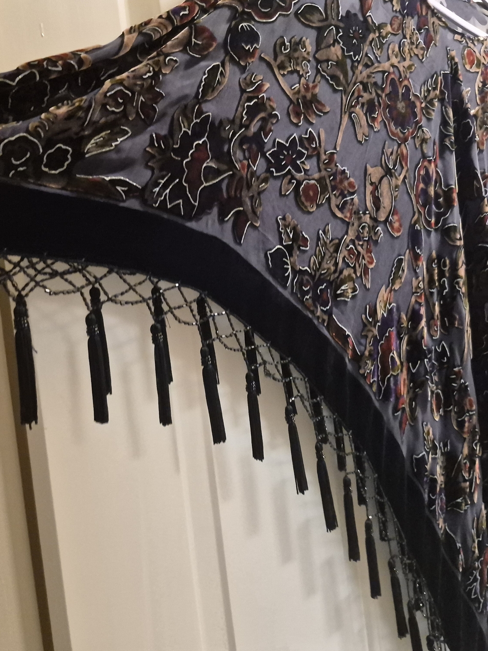 Chicos - Boho Velvet Floral Burnout Shawl with Fringe - Black, Tan, Rose,Silver - Picture 3 of 3